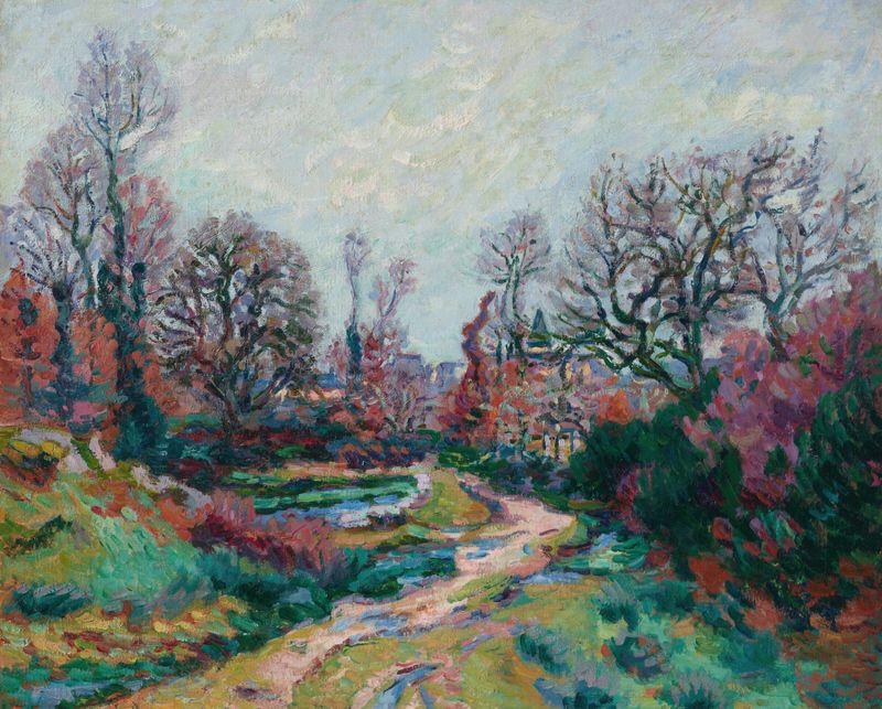 Pintura a óleo de paisagem de Armand Guillaumin com campos exuberantes após a chuva.
