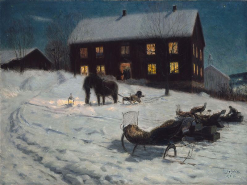 Christmas Party by Lars Jorde, oil painting depicting a festive gathering around a table.