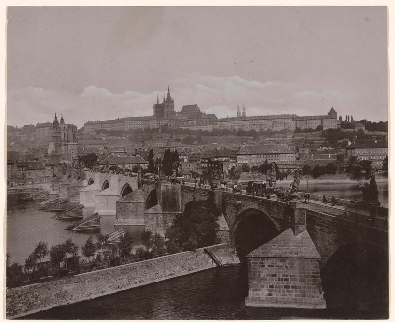 Karelsbrug visto em direção a Malá Strana e Hradčany, óleo sobre tela de Unknown Artist