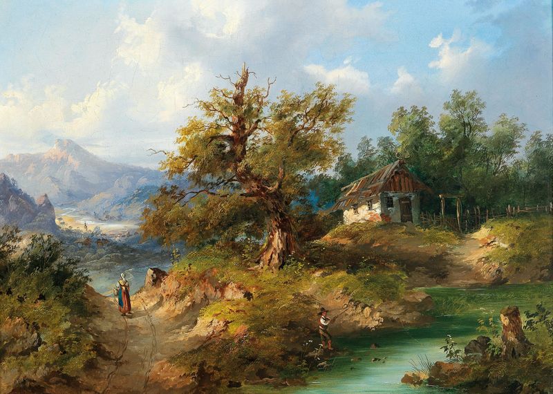 A Mountainous Landscape with an Angler by Dominik Schufried, medium unknown