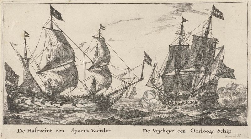 Dos barcos en aguas tranquilas, grabado de Unknown Artist