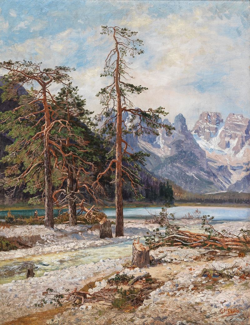 Landscape of Der Dürrensee with Monte Cristallo, oil on canvas by Georg Holub