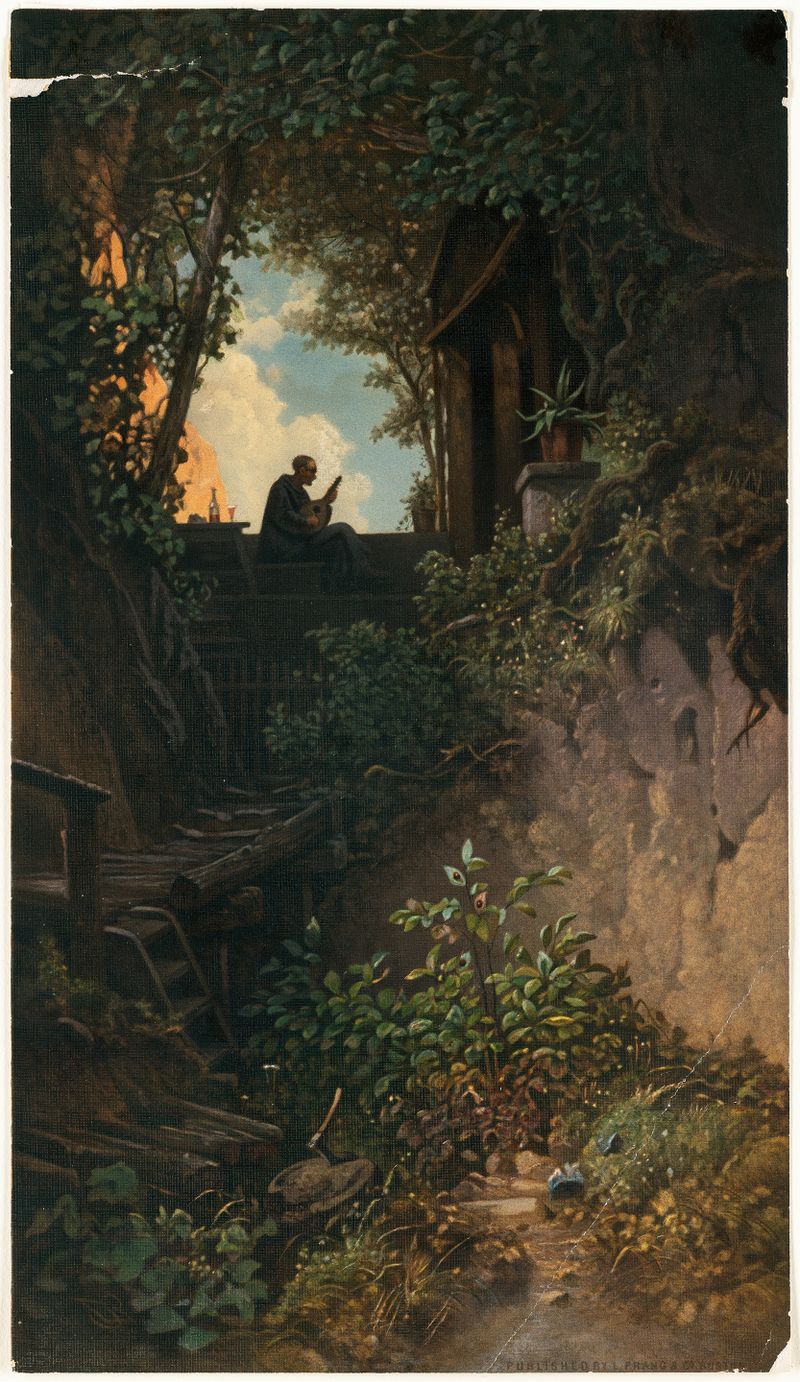 Golden Evening de Carl Spitzweg, pintura a óleo que retrata o crepúsculo com uma figura solitária em um céu âmbar.