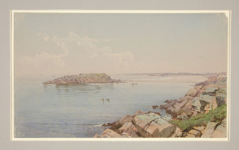 Cena na Baía de Narragansett de William Trost Richards, pintura a óleo que retrata águas tranquilas e luz suave.