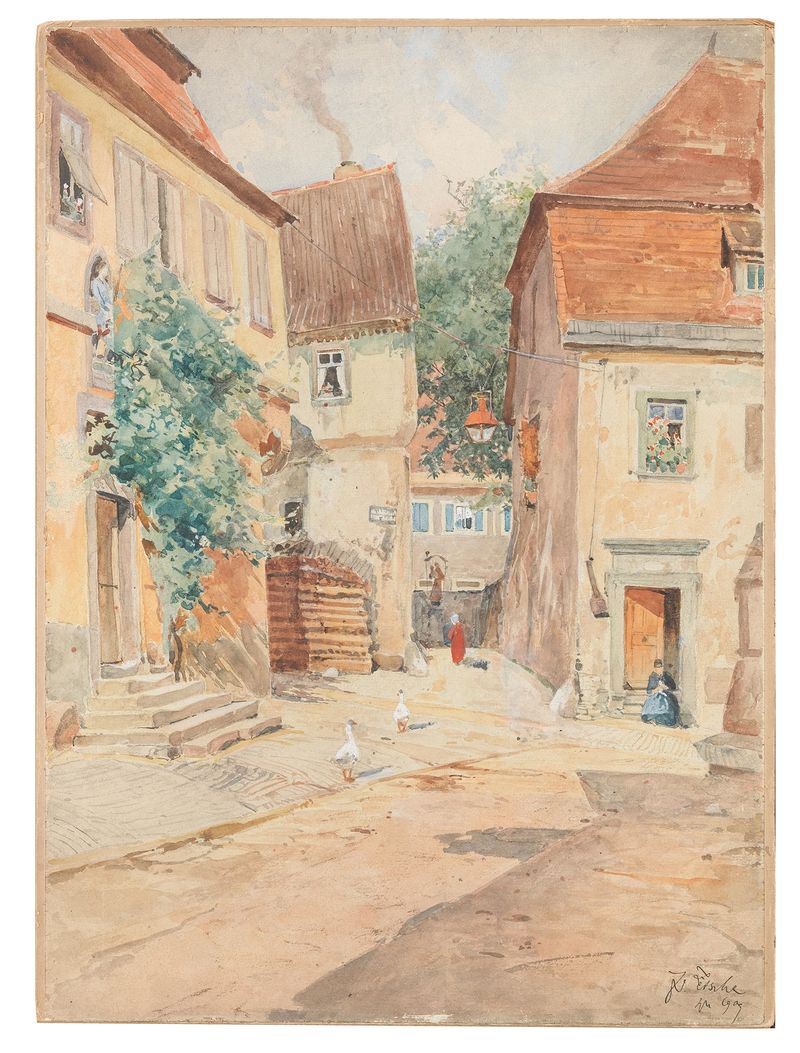 Landscape oil painting by Eduard Zetsche depicting countryside and architecture
