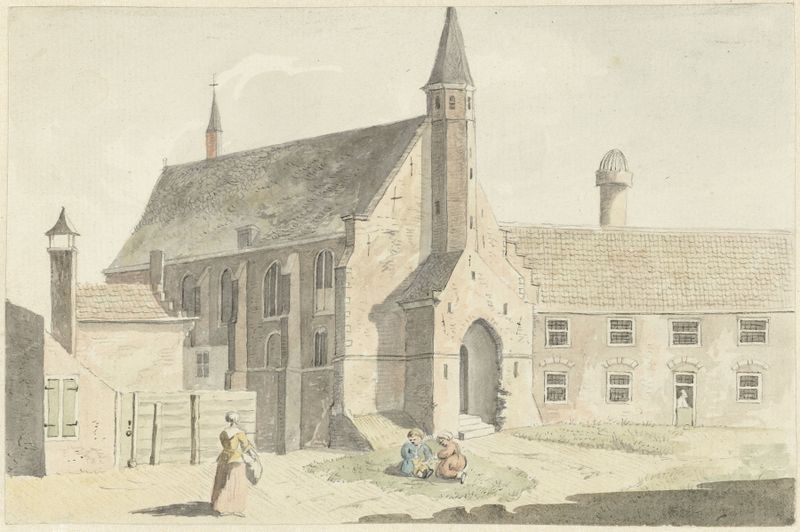 Engelse kerk te Leiden by Hendrik Tavenier, oil on canvas depicting a church surrounded by greenery