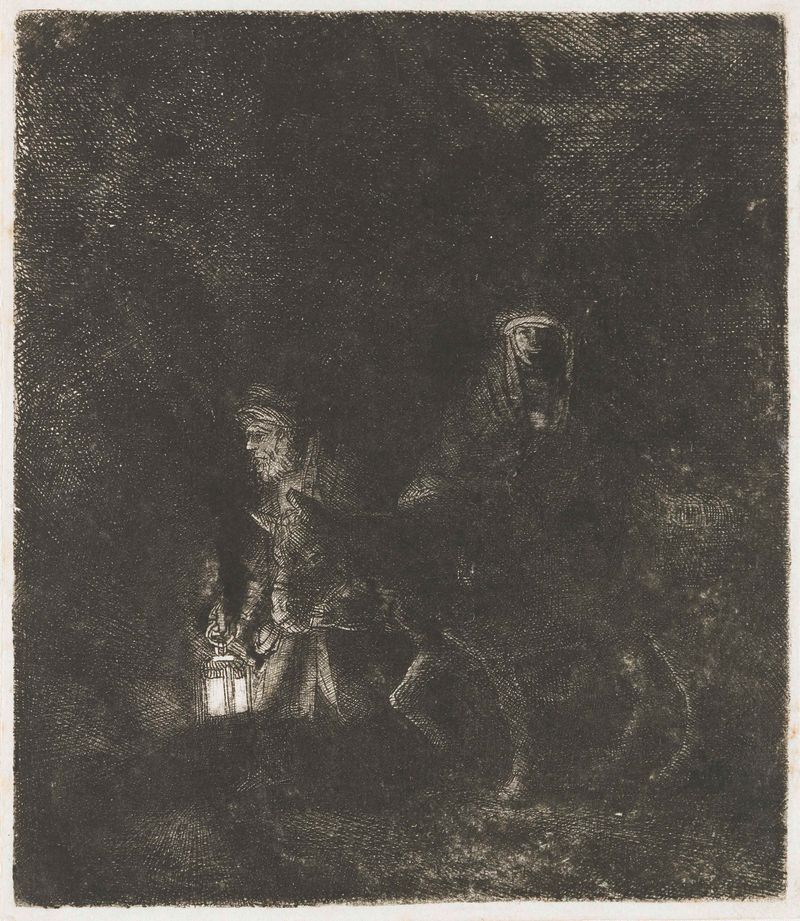 El Vuelo a Egipto grabado de Rembrandt van Rijn mostrando a María, José y Cristo iluminados por la luz de la luna.