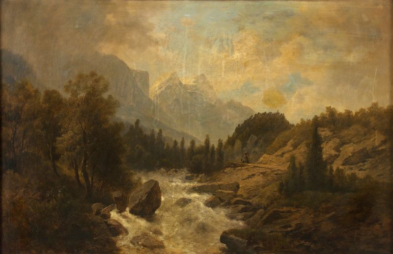 Waldlandschaft de Josef Kriehuber, óleo sobre tela representando uma cena de floresta tranquila