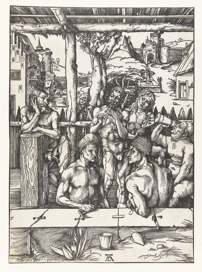 Nude male figures bathing in water, etching by Albrecht Dürer