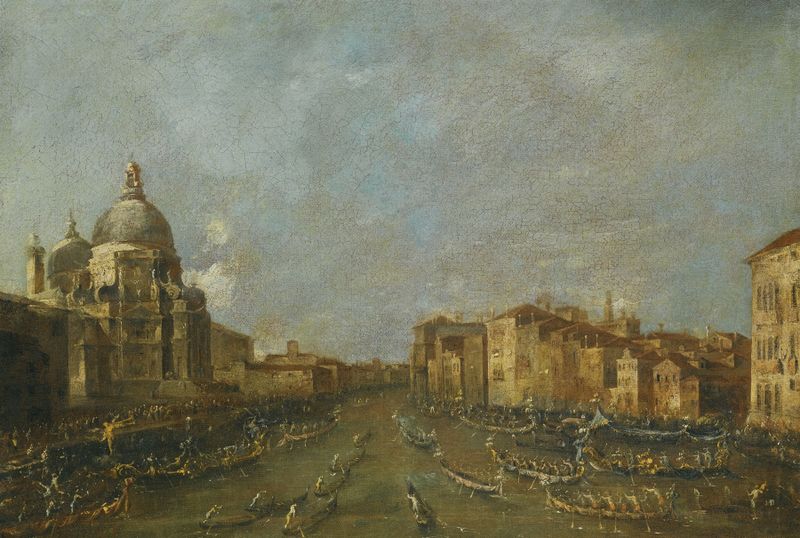 Pintura a óleo rococó de Francesco Guardi retratando barcos no Grande Canal ao pôr do sol.