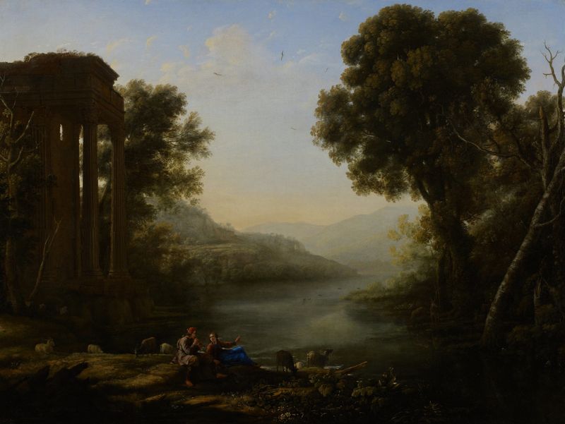 Paisaje pastoral en óleo de Claude Lorrain con suaves colinas y agua brillante.