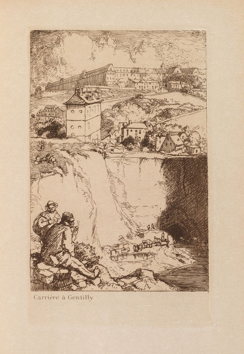Paisaje que representa un camino y árboles en suaves tonos terrosos, óleo de Auguste Louis Lepère