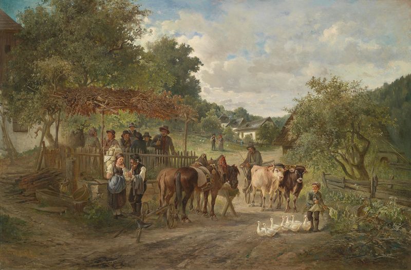 Landscape by Ignaz Ellminger, depicting a tranquil village with hills and golden light.