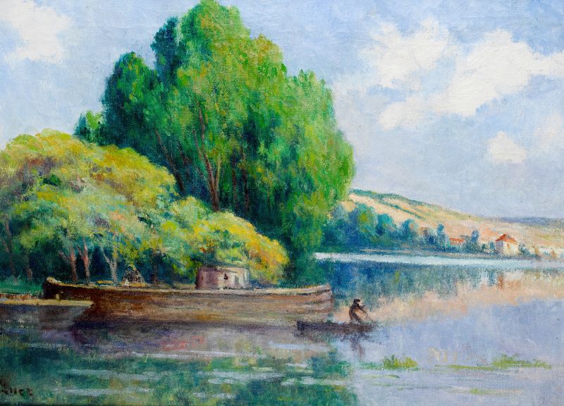 Rivière de Maximilien Luce, óleo sobre tela retratando um rio com reflexos e ramos.