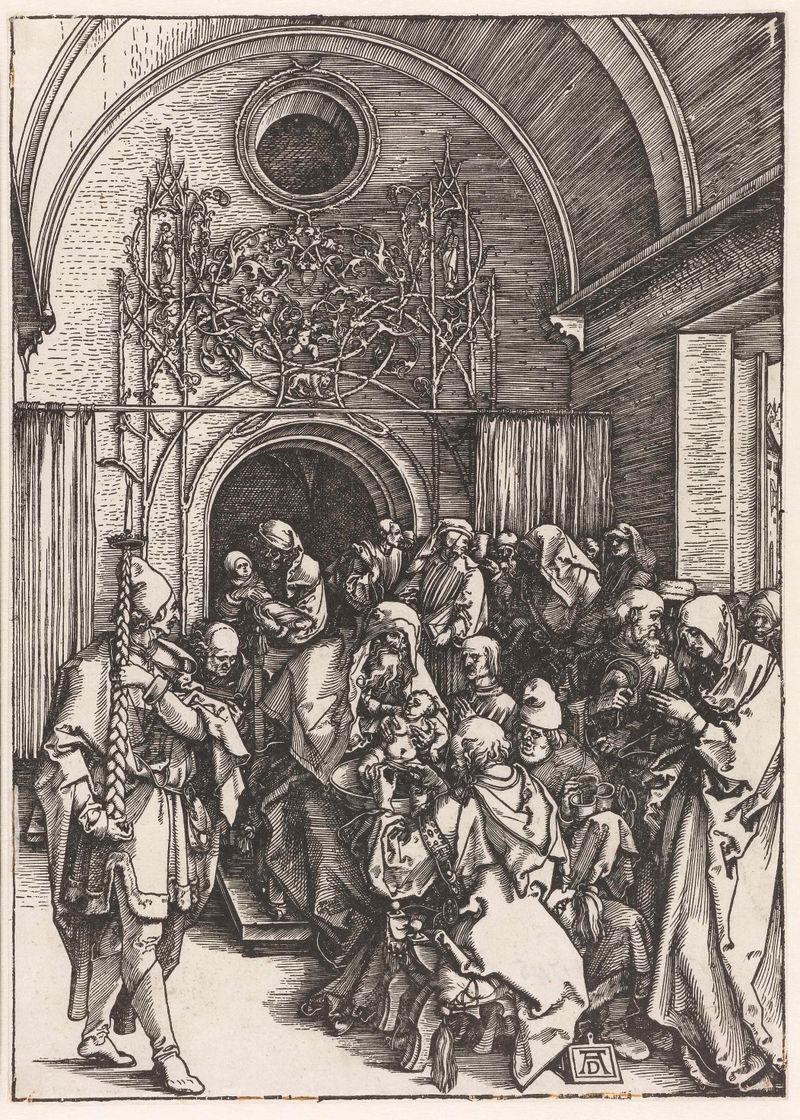 Besnijdenis van Christus de Albrecht Dürer, meio papel, retratando uma criança em um ambiente cerimonial.