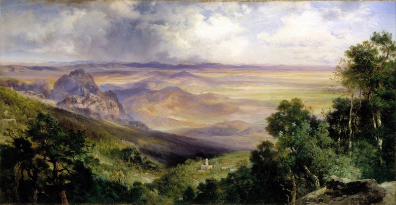 Valle de Cuernavaca de Thomas Moran, óleo sobre lienzo que representa montañas exuberantes y vegetación vibrante