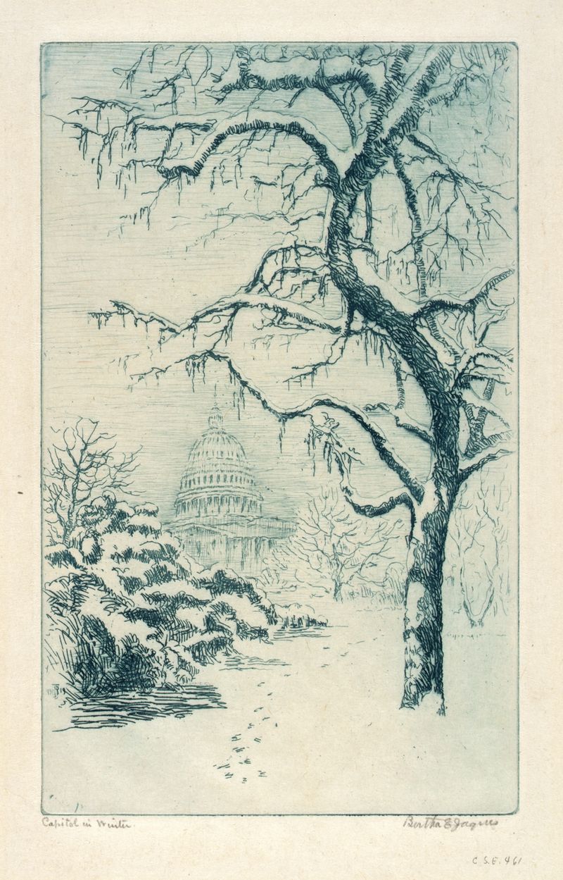 Capitol in Winter etching by Bertha Jaques depicting the Capitol building surrounded by snow and trees.