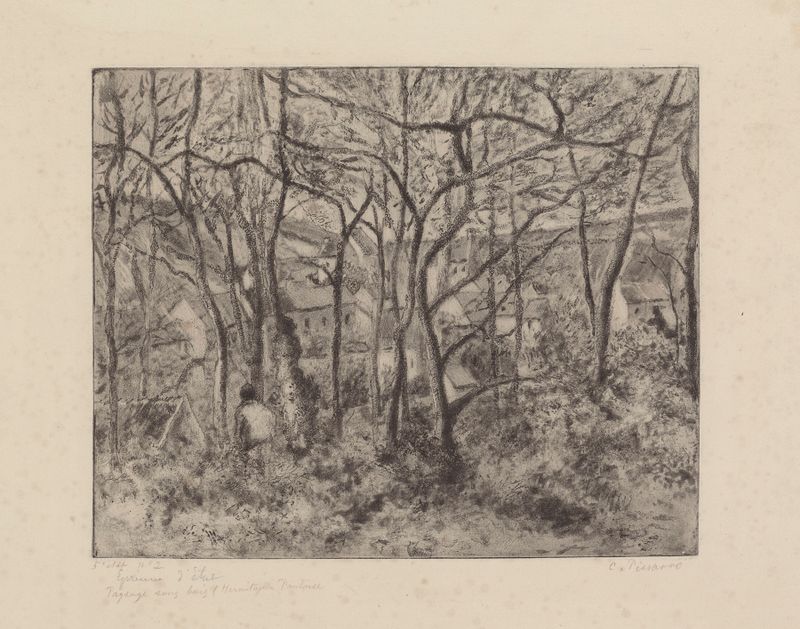 Paysage sous bois à L’Hermitage Pontoise de Camille Pissarro, óleo sobre tela que retrata uma cena florestal serena.