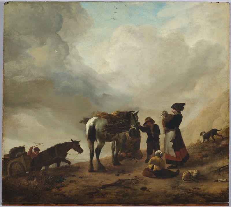 Landscape with Wood Gatherers, óleo sobre panel de Philips Wouwerman, que muestra figuras recogiendo leña al atardecer.