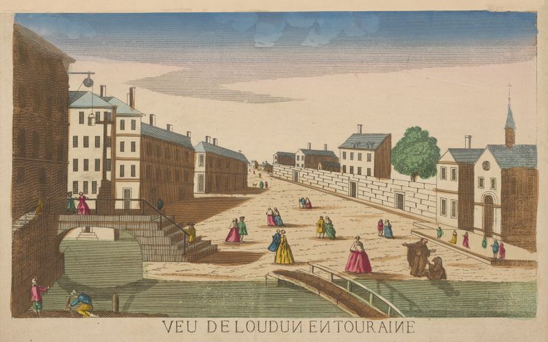 Veu de Loudun en Touraine, óleo sobre tela de artista desconhecido, retratando uma paisagem tranquila com colinas e uma vila.