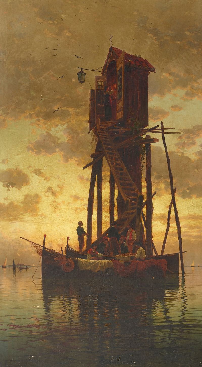 Tending to the Shrine, óleo sobre tela de Hermann David Salomon Corrodi, apresentando um santuário sereno iluminado por lu...
