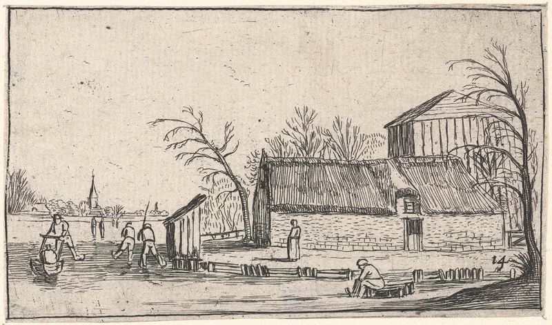 Rio congelado com patinadores perto de uma fazenda, gravura de Unknown Artist