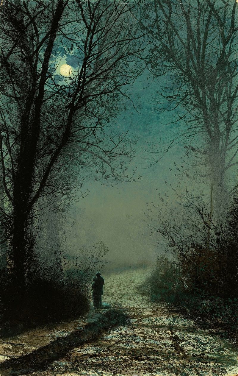 Lovers on a moonlit lane, óleo sobre tela de John Atkinson Grimshaw