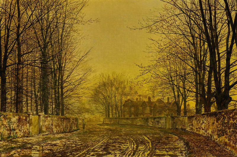 The Queen’s Highway de John Atkinson Grimshaw, óleo sobre lienzo que representa un camino iluminado por la luna