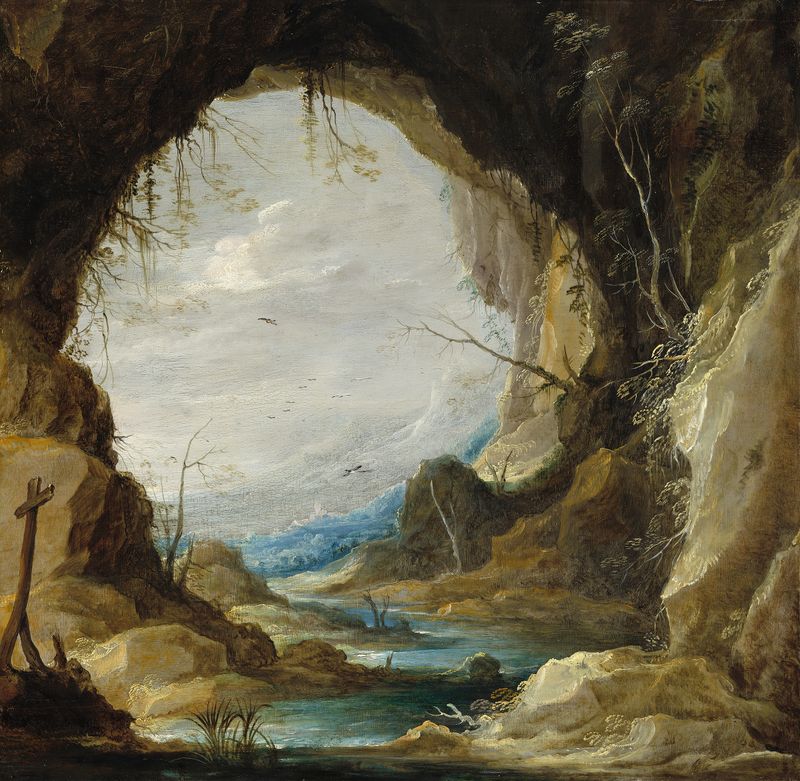 Landscape with sunlight filtering through a grotto, by David Teniers the Younger, medium unknown