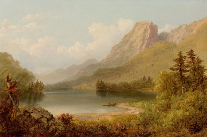The Old Man’s Basin, paisagem de Russell Smith, 1876, mostrando rio e montanhas.