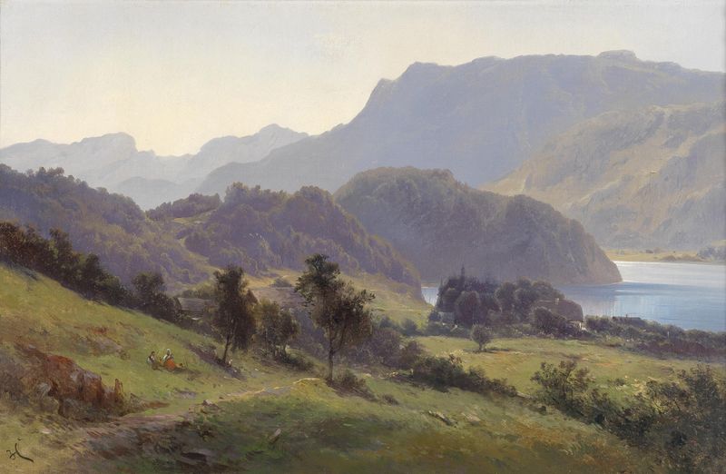 Landscape featuring a lake and nature by Carl Franz Emanuel Haunold, oil painting