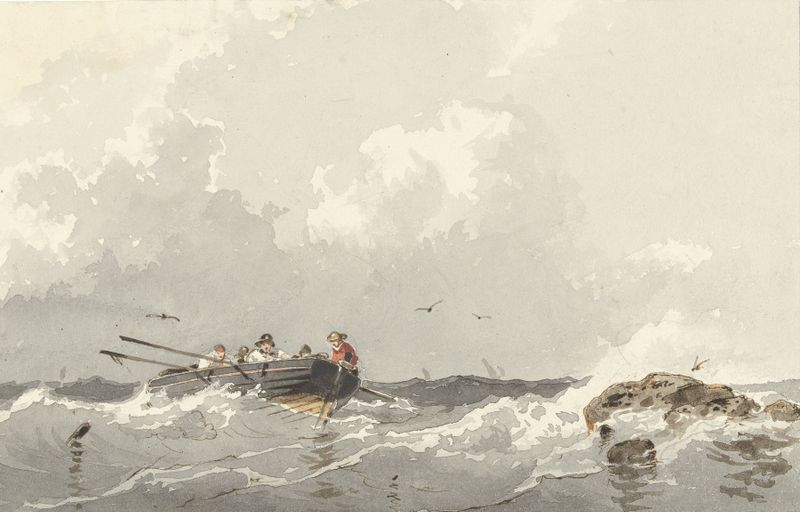Roeiboot op zee by Frans Arnold Breuhaus de Groot, depicting a rowing boat on the ocean.