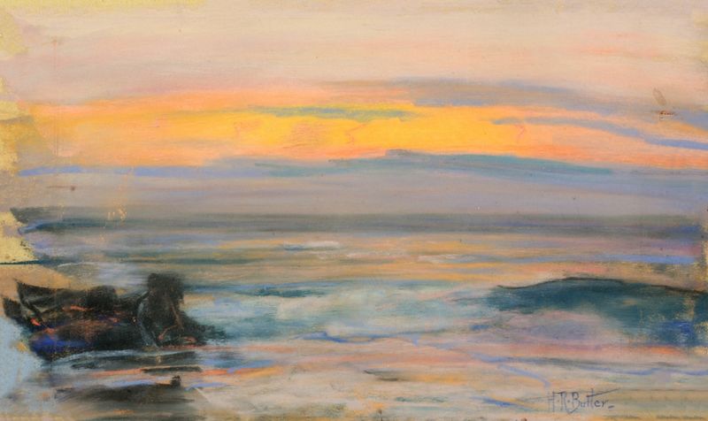 Maine Coast oil painting by Howard Russell Butler, featuring ocean waves and a pastel sky.