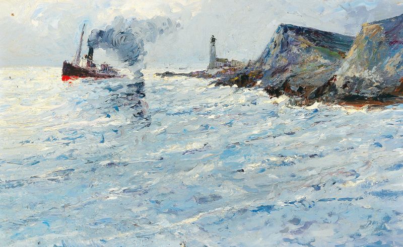 A steamboat on a river with a lighthouse, oil on canvas by Leontine von Littrow