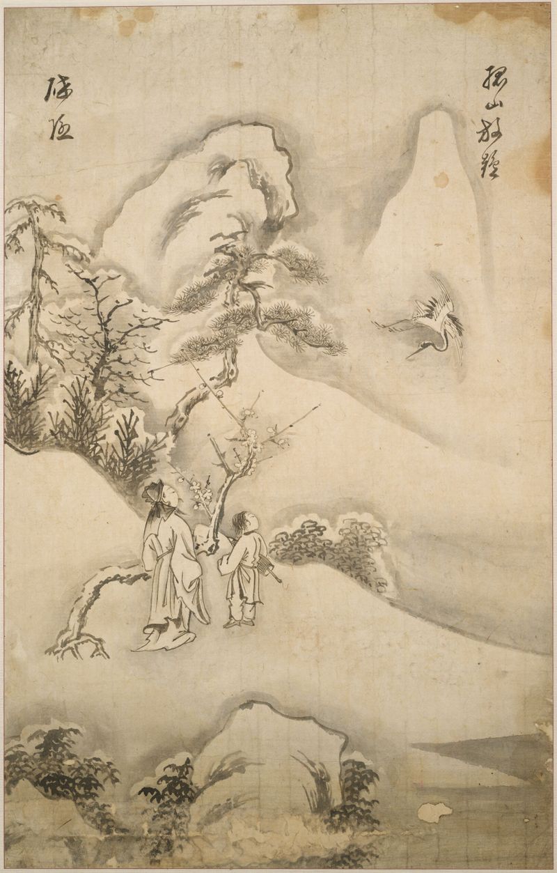 The Recluse Lin Bu releasing cranes at Mount Gu, ink on paper by Chŏng Yusŭng