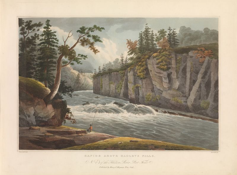 Rapids Above Hadley’s Falls, oil painting by John Hill showing a rushing waterfall.
