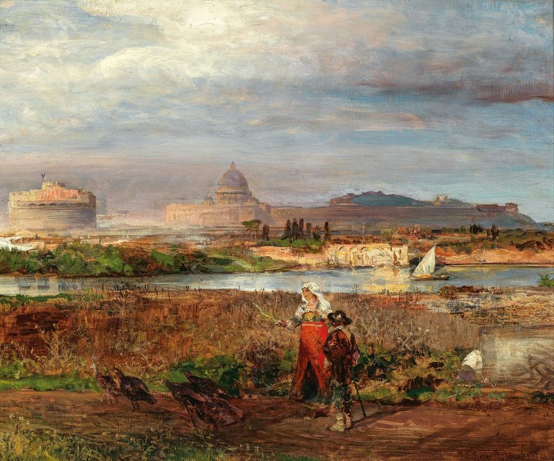 Escena arquitectónica con un arco y un horizonte distante de Oswald Achenbach, pintura al óleo