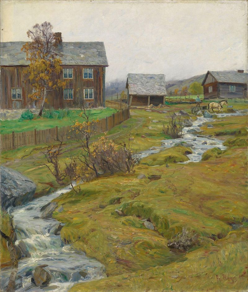 Pintura a óleo de Fredrik Borgen que retrata uma paisagem de outono com poças e luz dourada.
