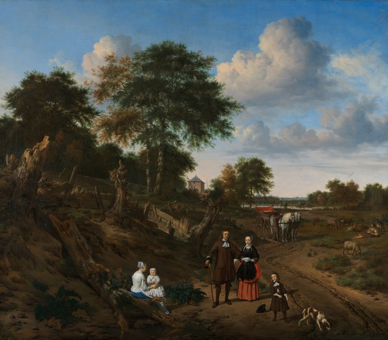Retrato de una pareja con dos niños y una enfermera en un paisaje, óleo sobre lienzo de Adriaen van de Velde