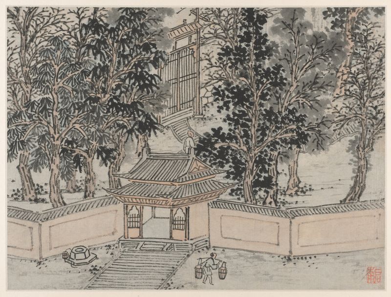 Tiger-Flight Spring at the Back Gate by Shen Zhou, Chinese traditional painting depicting mountains and a pond.