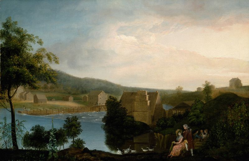 Pleasure Party by a Mill, oil on canvas by James Peale, depicting figures enjoying a sunny day near a mill.