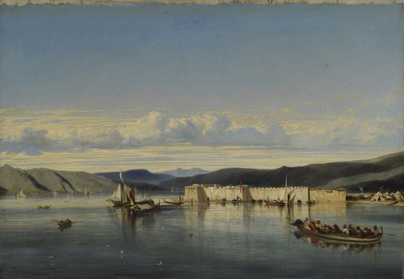The Anchorage of Smyrna by Alexandre-Gabriel Decamps, oil on canvas depicting ships and a tranquil sea.