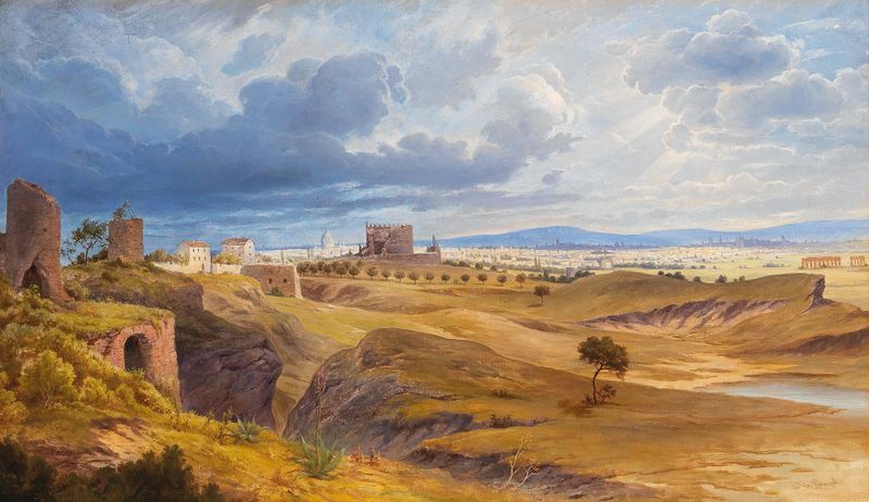 Pintura de paisaje de Josef Langl que representa Roma desde la Vía Apia