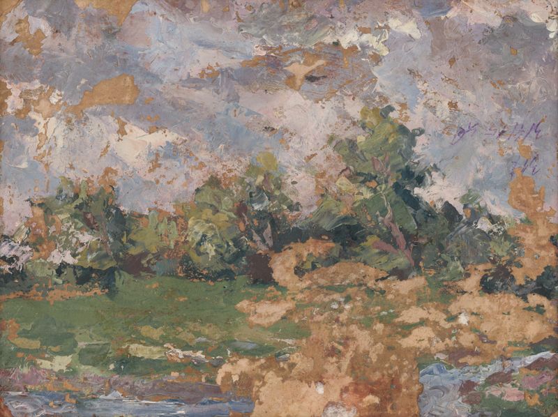 Paisaje de Ľudovít Čordák, pintura al óleo que muestra árboles oscuros y colinas suaves
