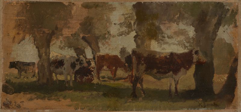 Kühe unter Bäumen by Hermann Baisch, oil on canvas depicting cows and trees in a tranquil landscape.
