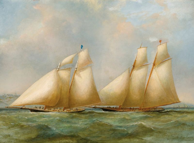 Yacht Racing de Henry Sargeant, óleo sobre tela, representando iates em águas tranquilas