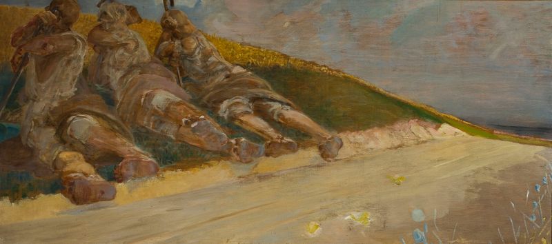 Pintura figurativa al óleo de Jacek Malczewski que representa figuras descansando en luz cálida.