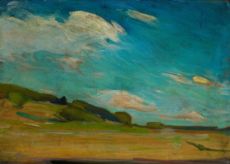 Oil painting by Konrad Krzyżanowski depicting a landscape with trees and a blue sky.