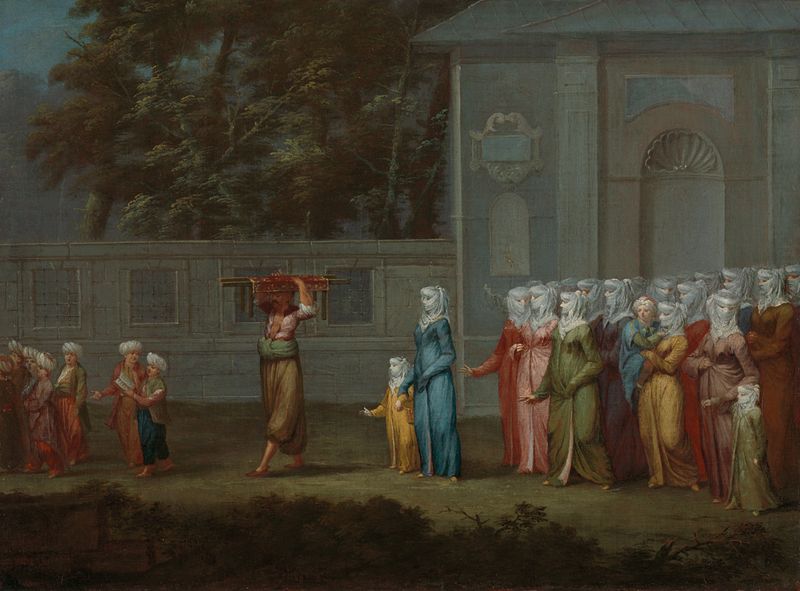 The First Day of School, oil on canvas by Jean Baptiste Vanmour depicting a mother and women with a child.