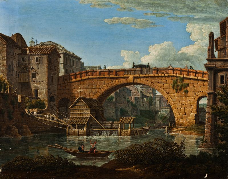 Ponte Cestio en Roma, óleo sobre lienzo de Antonio Aquaroni, presenta arcos sobre el río Tíber al atardecer.